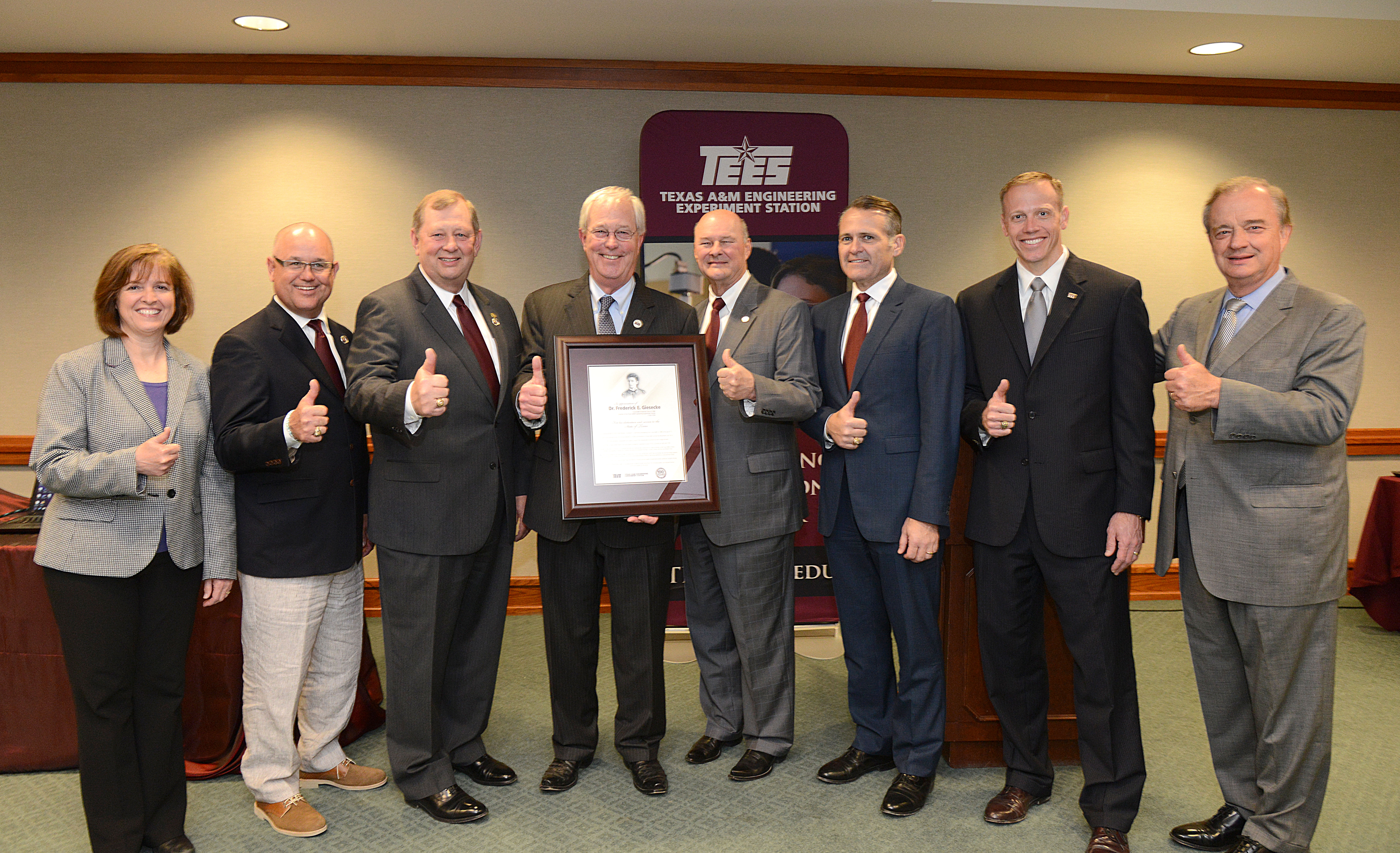 Dr. M. Katherine Banks, Rep. Kyle Kacal ‘92, Rep. John Otto ‘70, Geren, Rep. John Raney ‘69, Rep. John Wray ‘93, Railroad Commissioner Ryan Sitton ’98 and Sharp