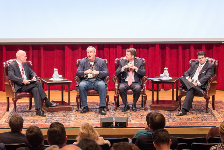 Dr. Dan Ragsdale (left) moderates a panel featuring (from left to right) Palo Alto Networks Chief Security Officer Rick Howard, Defense Security Service Senior Cyber Advisor and Deputy Director of CounterIntelligence Richard Naylor and BLACKOPS Partners Corporation Chairman and CEO Casey Fleming.