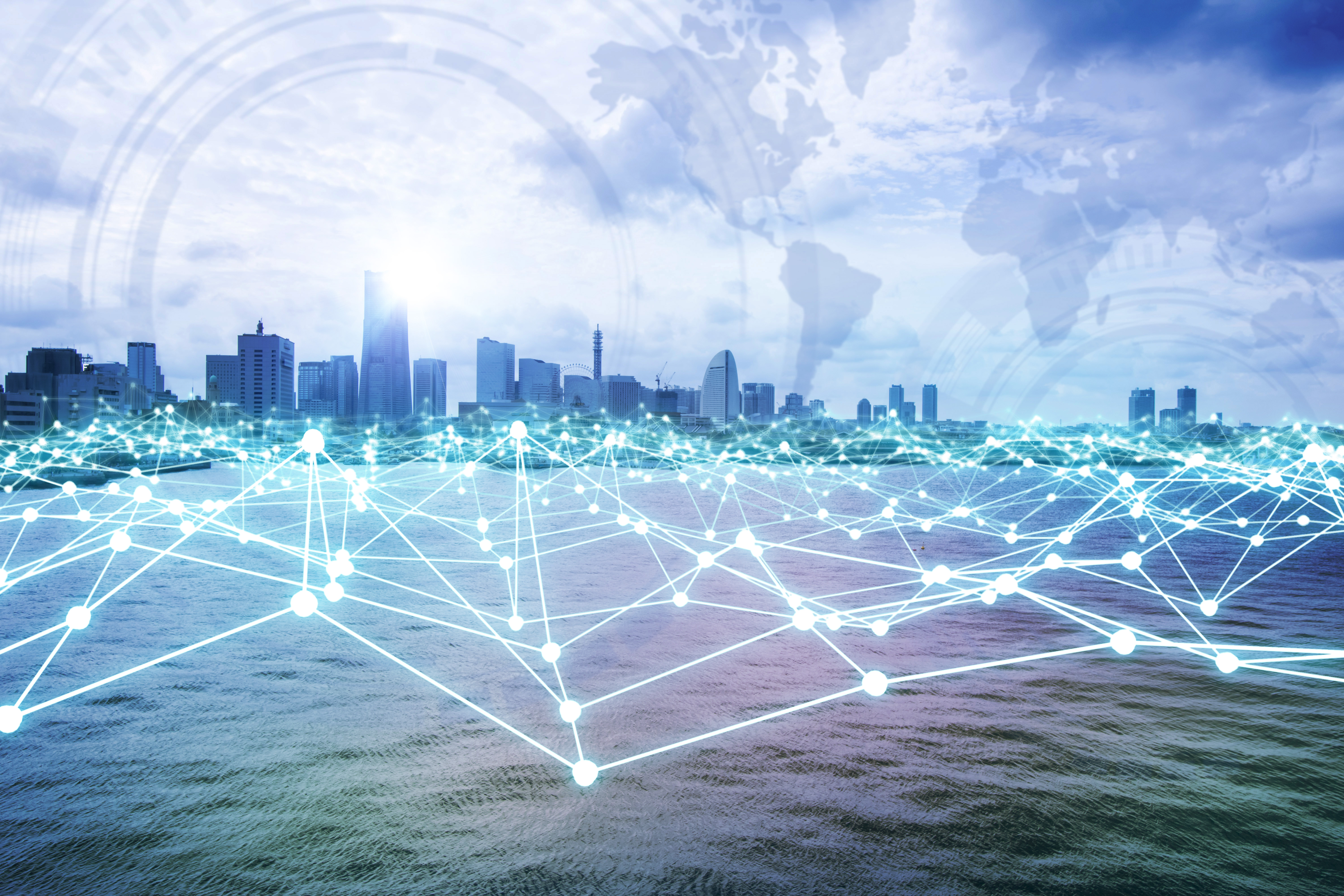 A city's skyline with an imaginary smart grid graphic