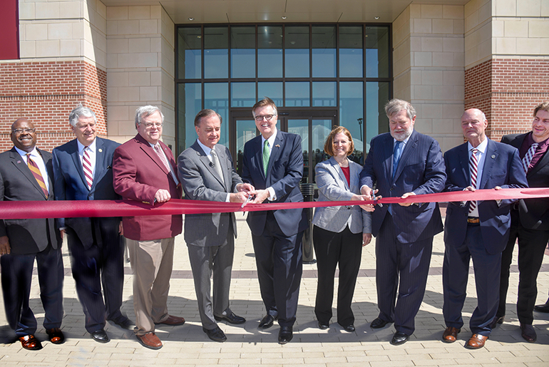Greg Winfree, TTI Agency Director; Paul Workman, State Representative, District 47; Paul Bettencourt, State Senator, District 7; John Sharp, Texas A&M University System Chancellor; Dan Patrick, Texas Lieutenant Governor; M. Katherine Banks, Vice Chancellor and Dean of Engineering and TEES Agency Director; Charles Schwartz, Chairman, The Texas A&M University System Board of Regents; John Raney, State Representative, District 14; Zachary Grasley, CIR Director