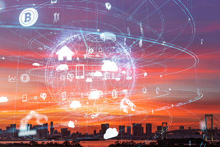 Image of city skyline at dusk overlaid with graphical elements representing different technologies