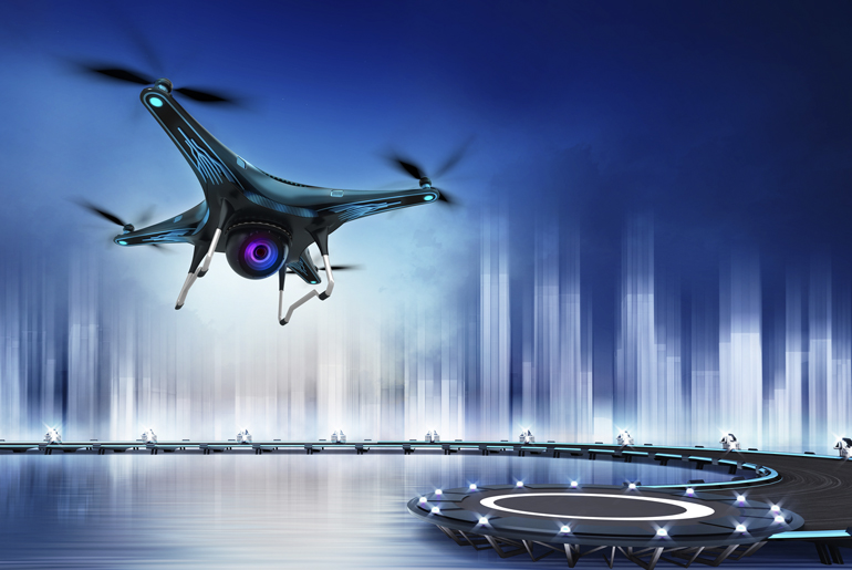 Computer generated drone flying above city