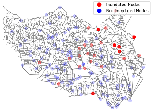 Mostafavi’s probability-based model in action. Blue-filled circles denote nodes that have a small probability of flooding whereas red-filled circles show nodes that will have a higher probability of inundation. The darker the red color, the higher probability of flooding. 