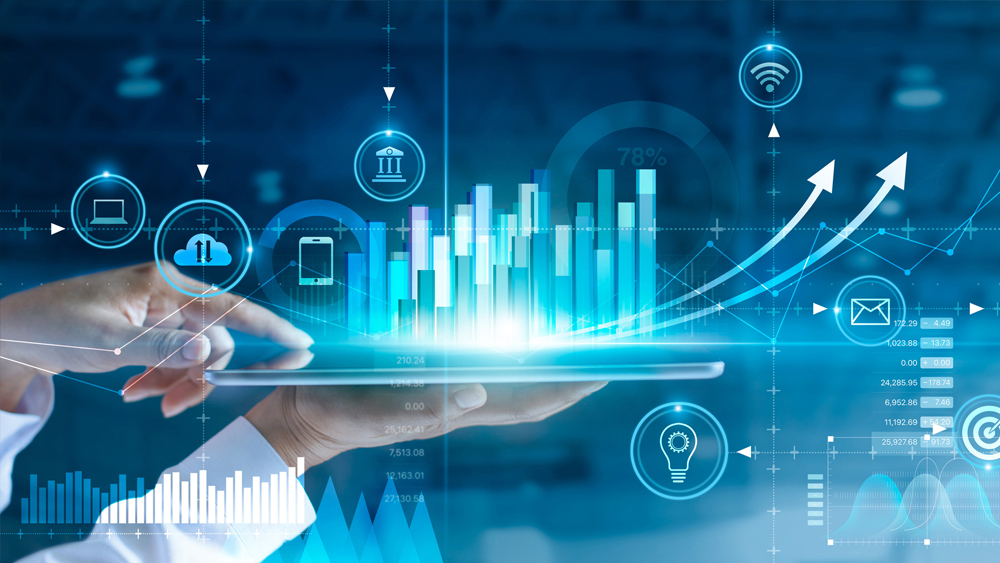Hands of businessman analyzing sales data and economic growth graph chart on tablet and hologram screen. Business strategy and digital data, business technology, digital marketing.
