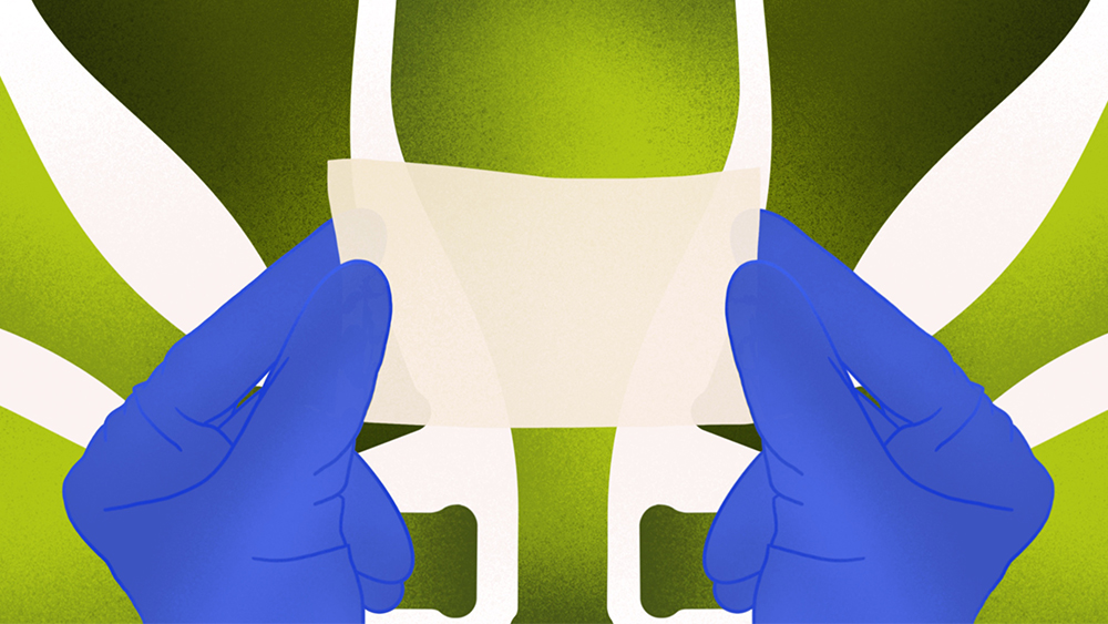 Artist rendition of new mesh-like mats held in front of a collage of wine bottles. 