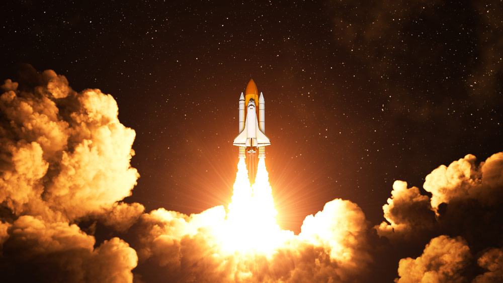 3D illustration of night takeoff of the American Space Shuttle.