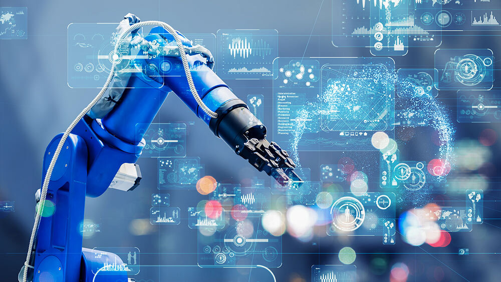 Blue mechanical arm overlayed by transparent engineering schematics.