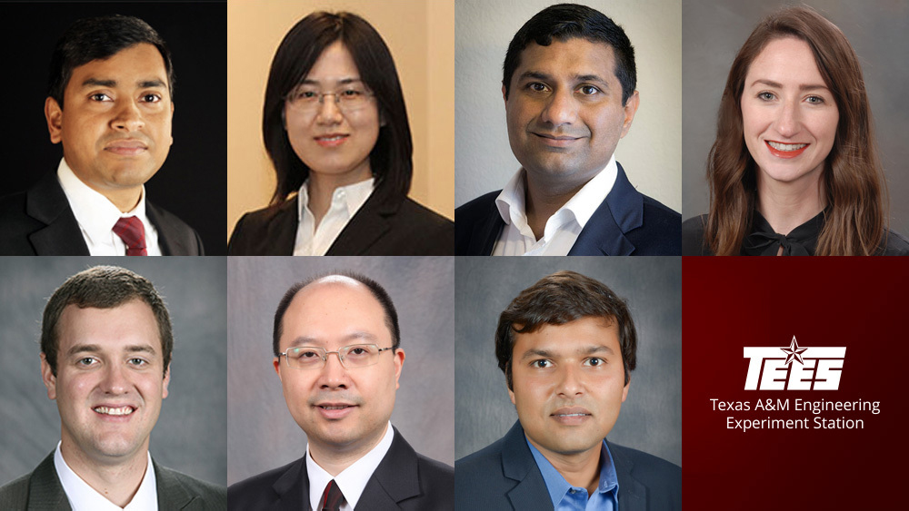 Photo collage of the 2020 NSF CAREER Award winners Faruque Hasan, Ruihong Huang, Abhishek Jain and Stephanie Paal, Matt Pharr, Yang Shen and Ankit Srivastava. 
