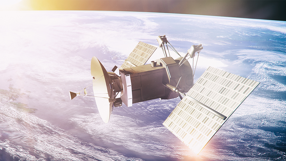 Satellite with a dish antenna in orbit around the earth.
