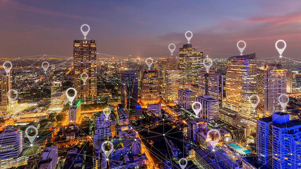 Aerial view of a city with internet connection.