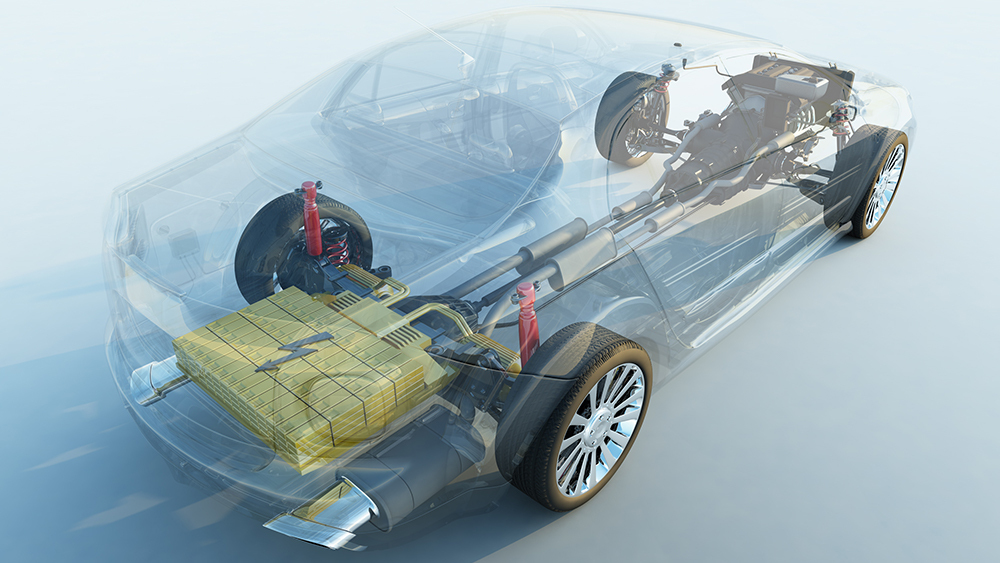 Lithium  battery shown within the transparent silhouette of a car.