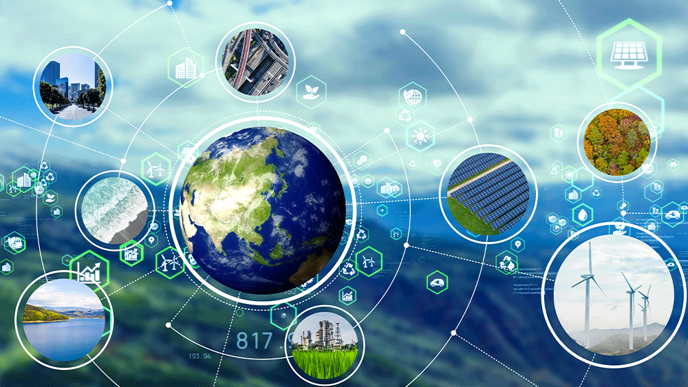Abstract image of a world with diagram of renewable energy resources. 
