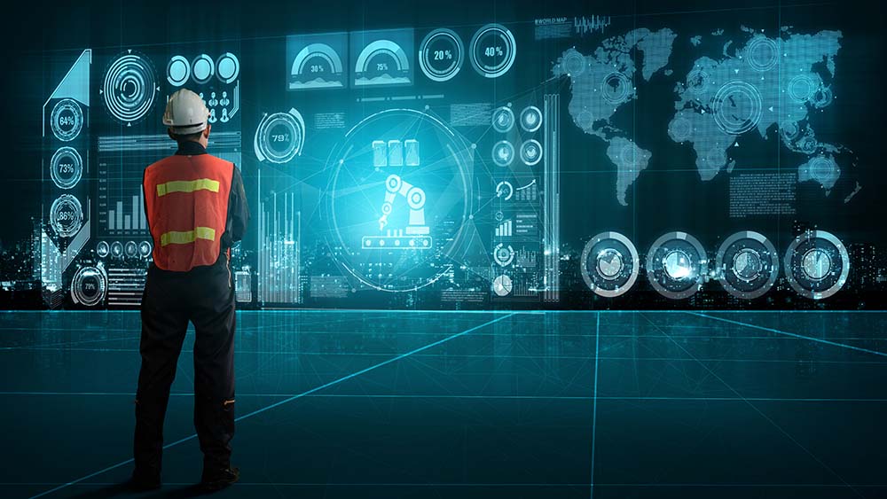 Icon graphic showing automation system data from robots and automated machinery controlled via internet networks.