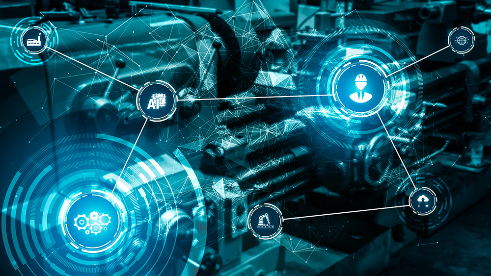 Smart factory icon graphic showing automation system by using robots and automated machinery controlled via internet network.