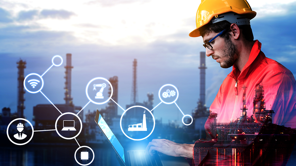 Smart factory concept with icon graphic showing automation system by using robots and automated machinery controlled via internet network.