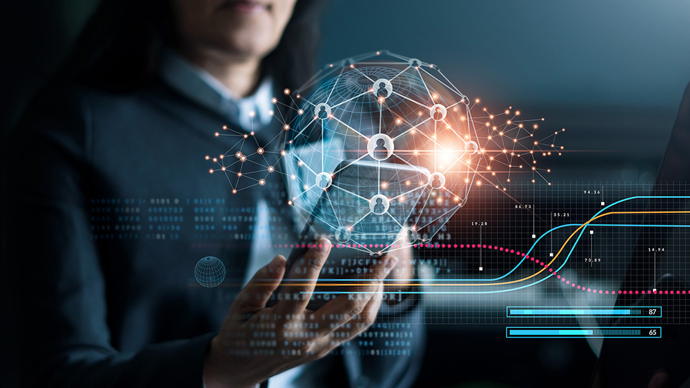 Woman with wireframe network connecting people.