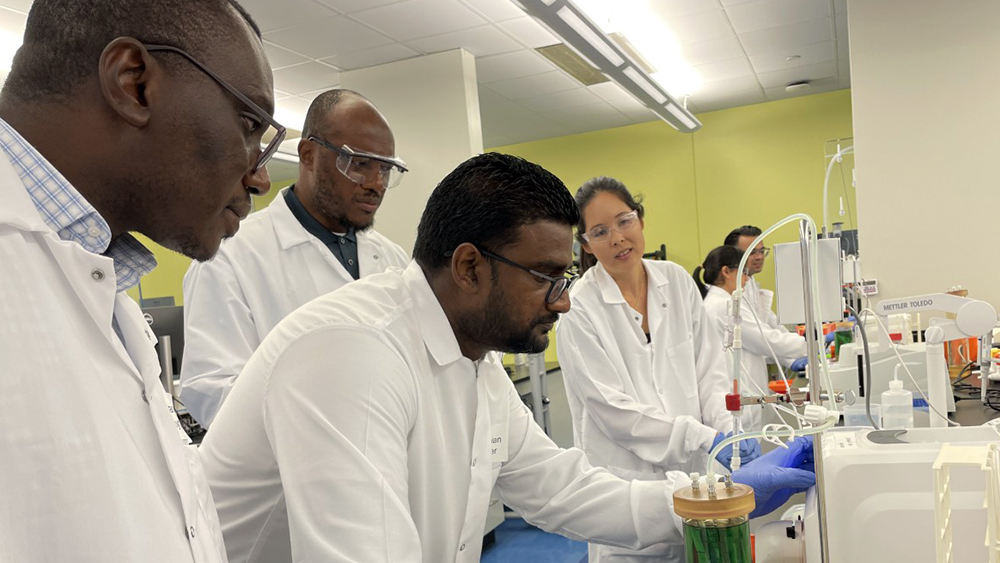 Three participants and Dr. Baley Reeves using lab equipment.